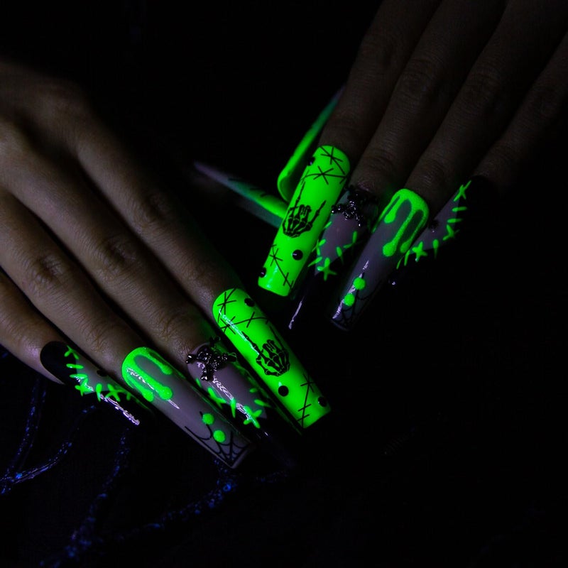 LOVFUL Press on Nails Halloween Luminous Lurker | Glow in the Dark | Handmade with Full Covered Crystals | Reusable Fake Nails | Square Mid length 1.7in | H339-S - Image 3